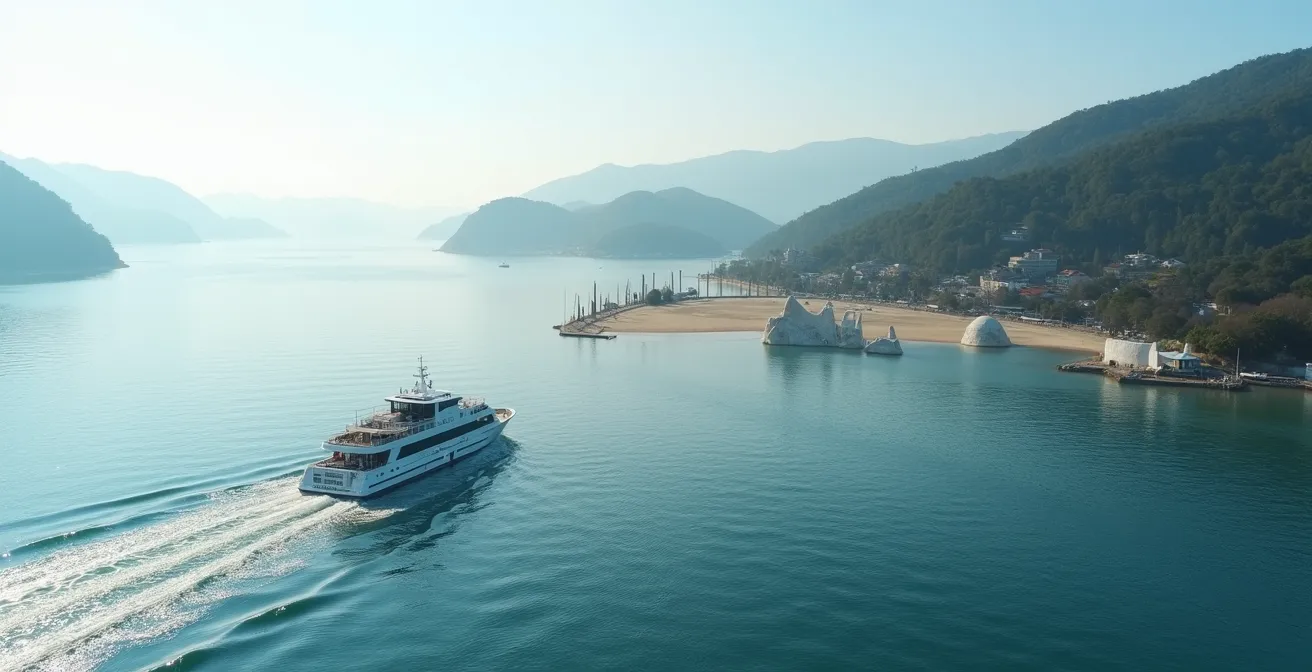 Ferry approaching an art island with contemporary sculptures visible on the shoreline against mountain backdrop
