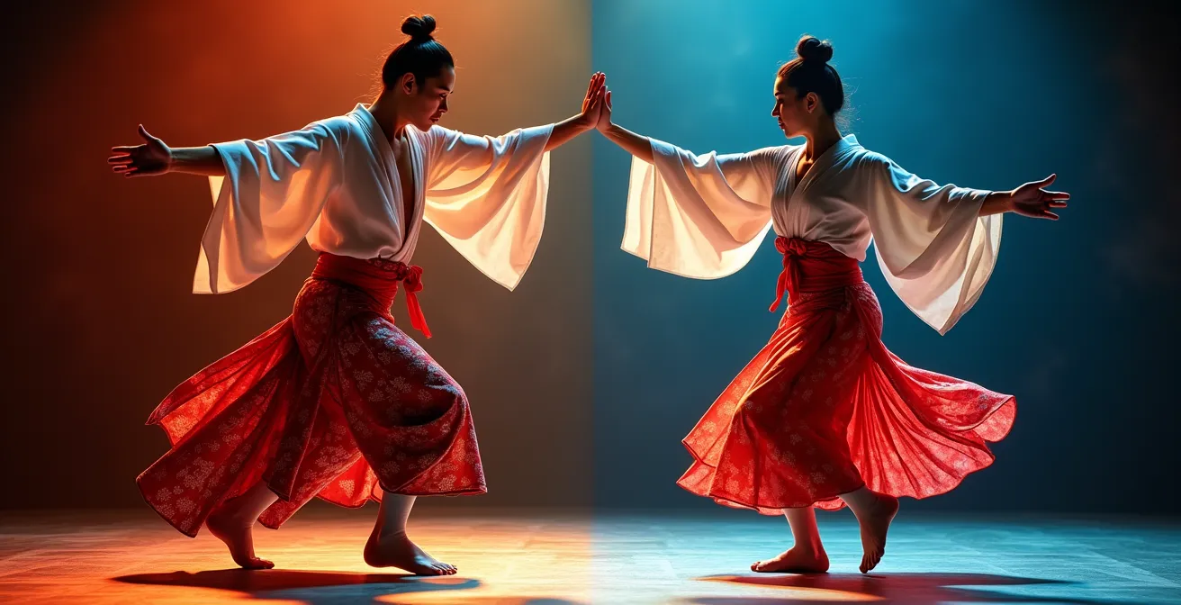 Dancers demonstrating contrasting Awa Odori styles with dynamic low movements and graceful upright postures