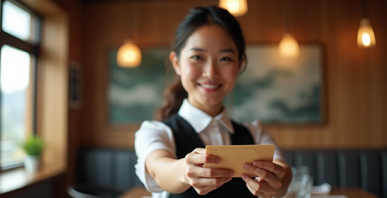 Restaurant staff member politely returning money to a confused tourist