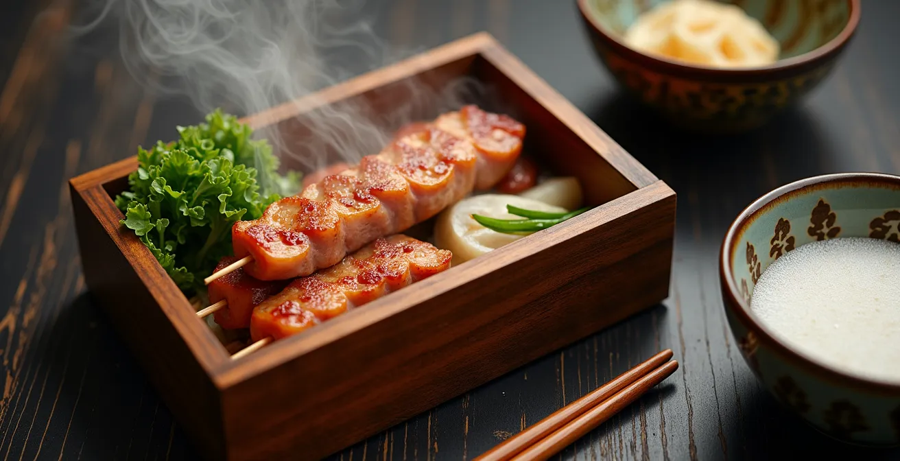 Traditional chanko nabe bento box and yakitori skewers at sumo stadium