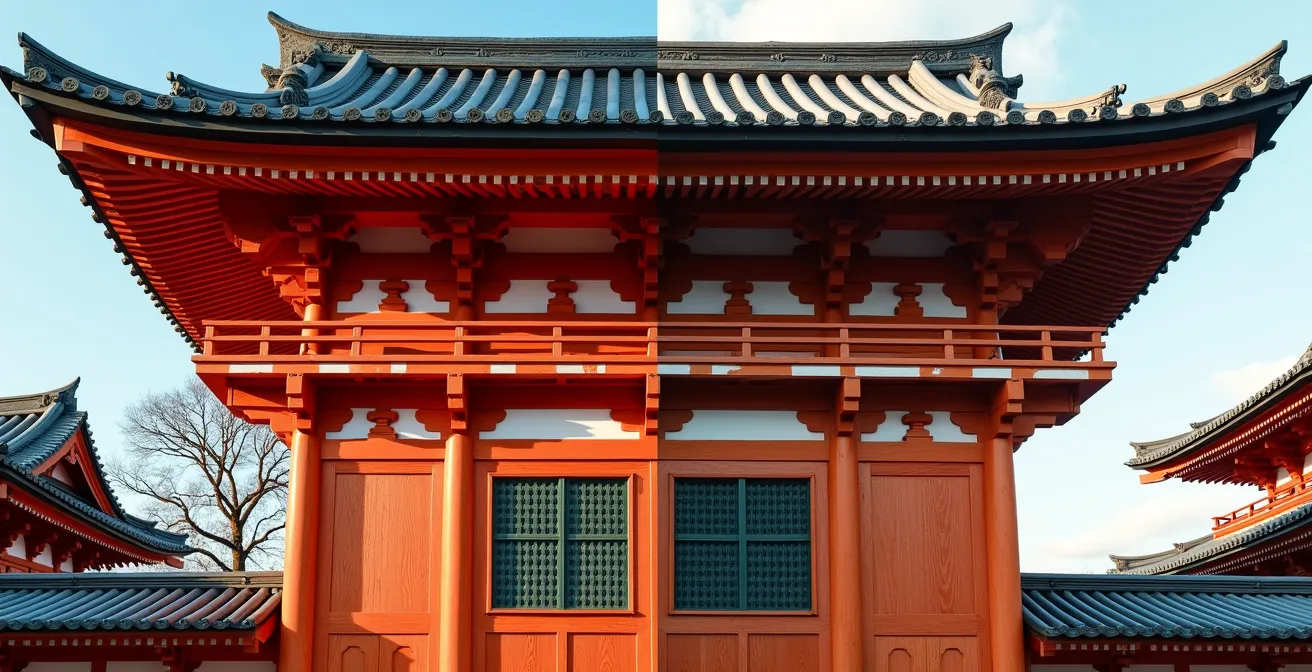 Split composition showing a red torii gate on one side and a multi-tiered temple pagoda on the other, highlighting architectural differences