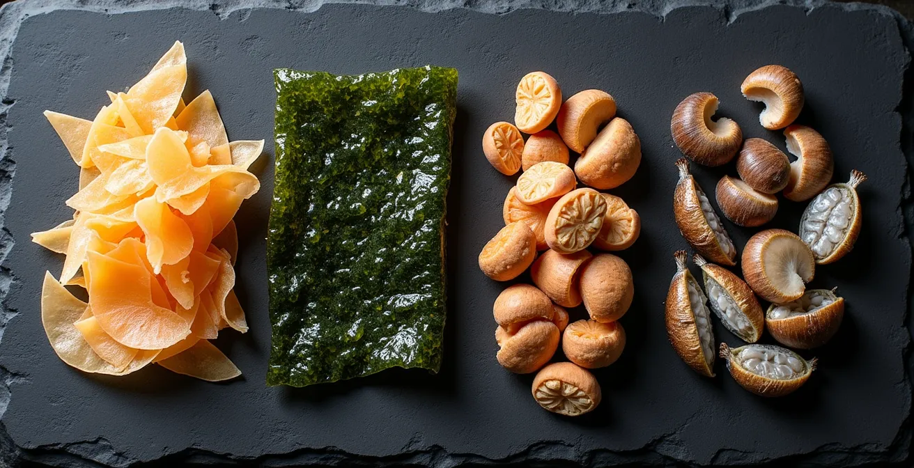 Visual guide showing different types of dashi and their ingredients, including bonito flakes, kombu, and shiitake mushrooms.