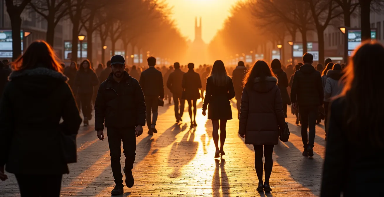 Blurred motion of evening crowds along canal walkway with warm sunset reflections on water