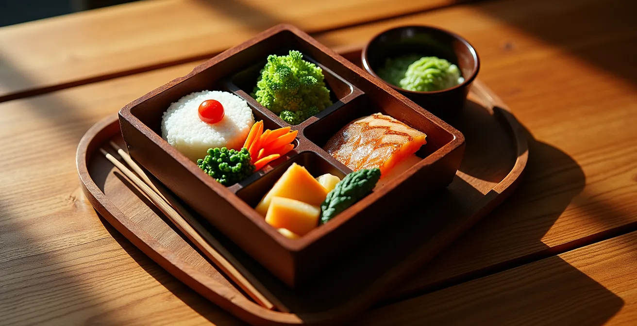Traditional Japanese bento box on wooden tray with compartments of colorful food