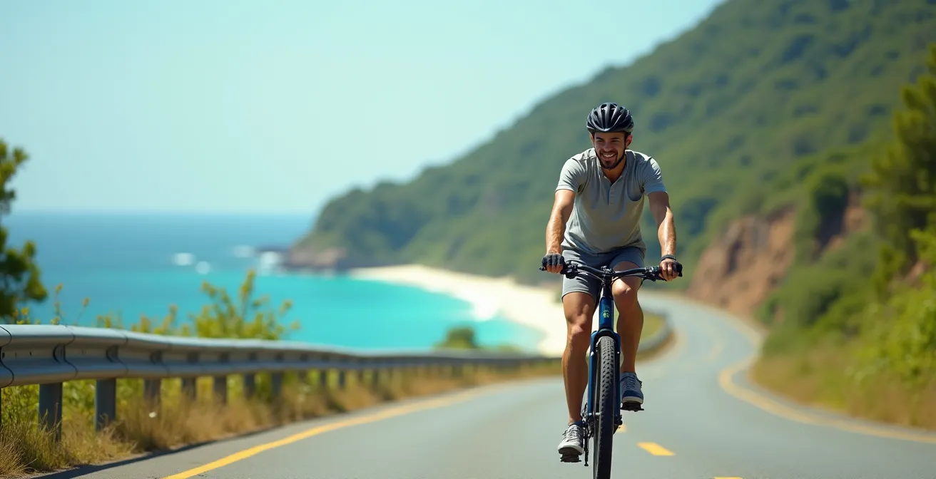 Person riding electric bicycle along scenic Miyakojima coastal path with turquoise ocean view