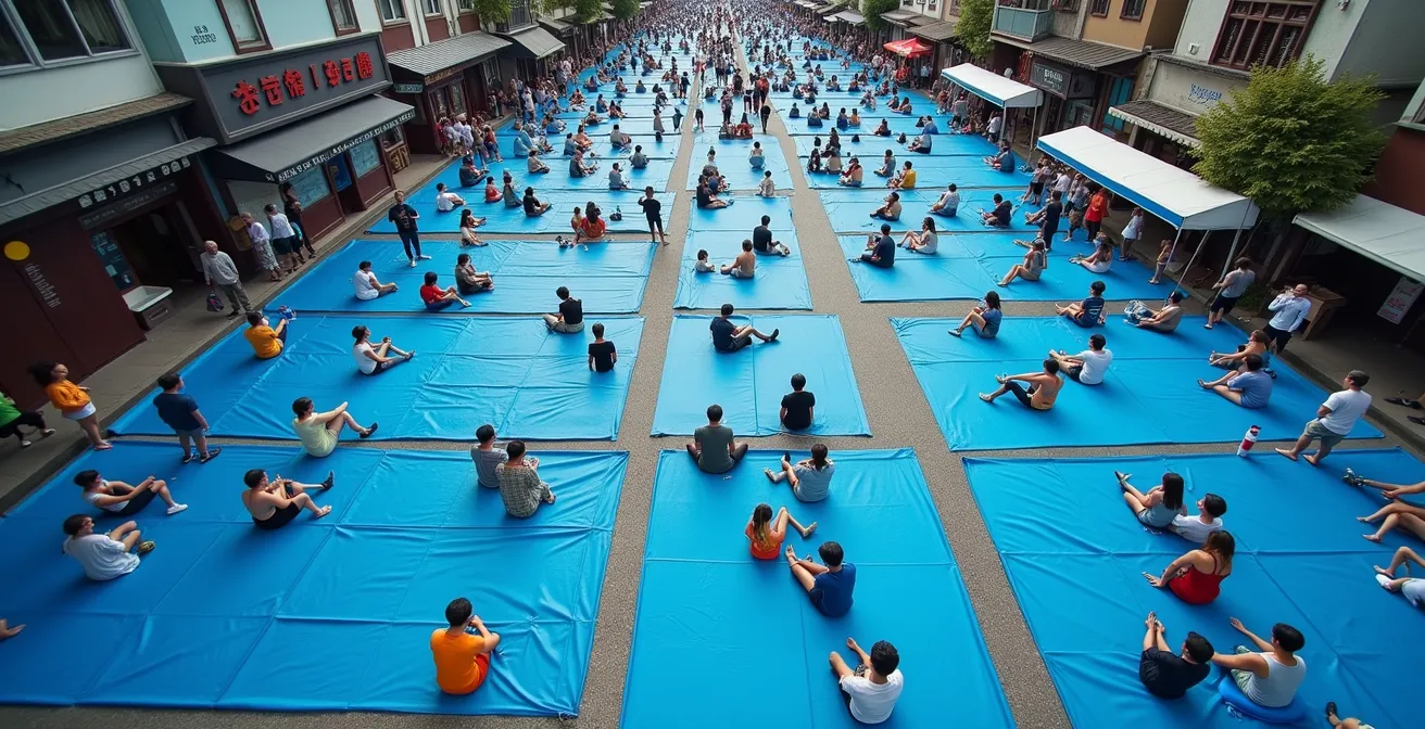 Aerial view of festival crowd organization showing blue tarps and viewing positions