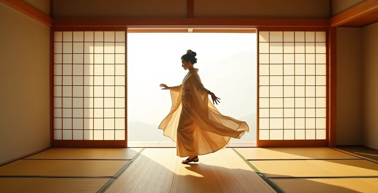 Elegant geiko performing traditional dance in authentic tatami room setting