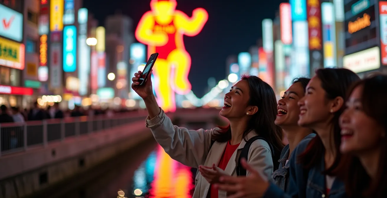 The illuminated Glico Man sign reflecting on Dotonbori canal at night with crowds below