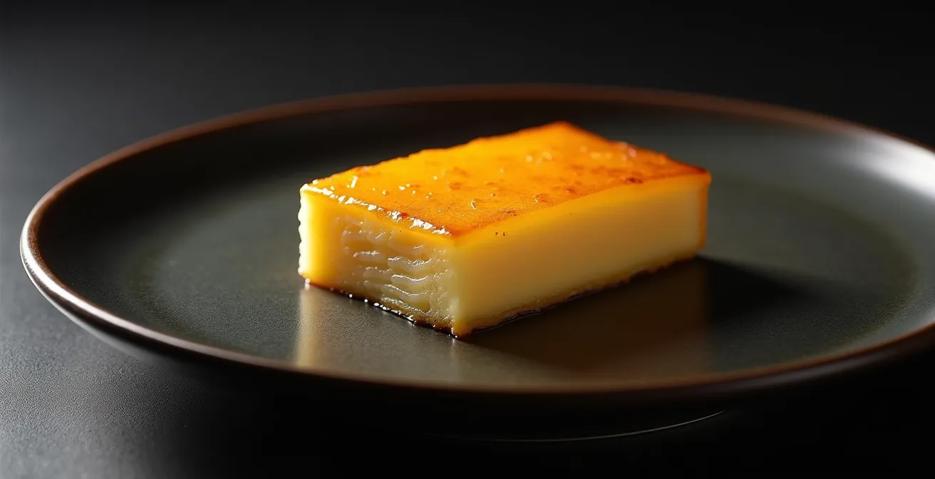 Beautifully caramelized tamago sweet omelet slice showing layers and golden surface