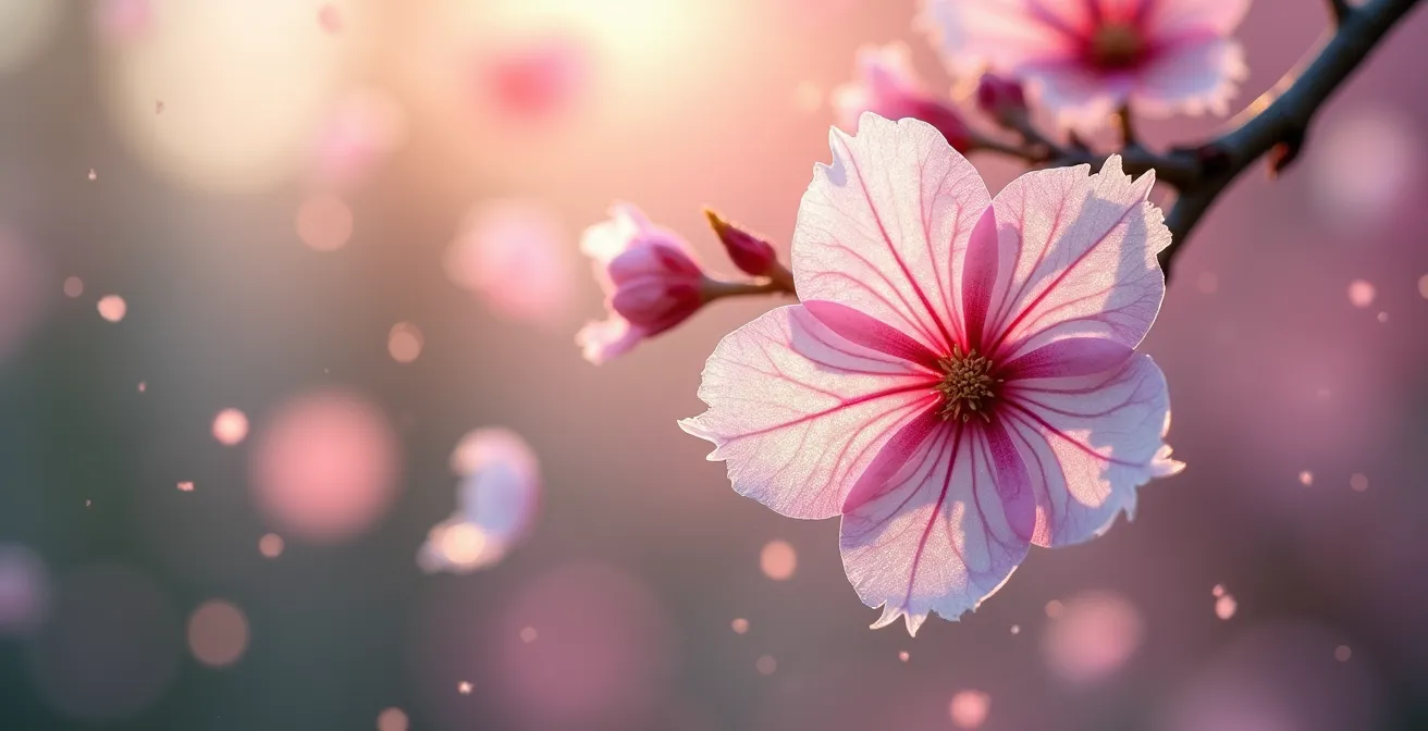 Cherry blossom petals falling like snow in a gentle breeze creating a magical atmosphere