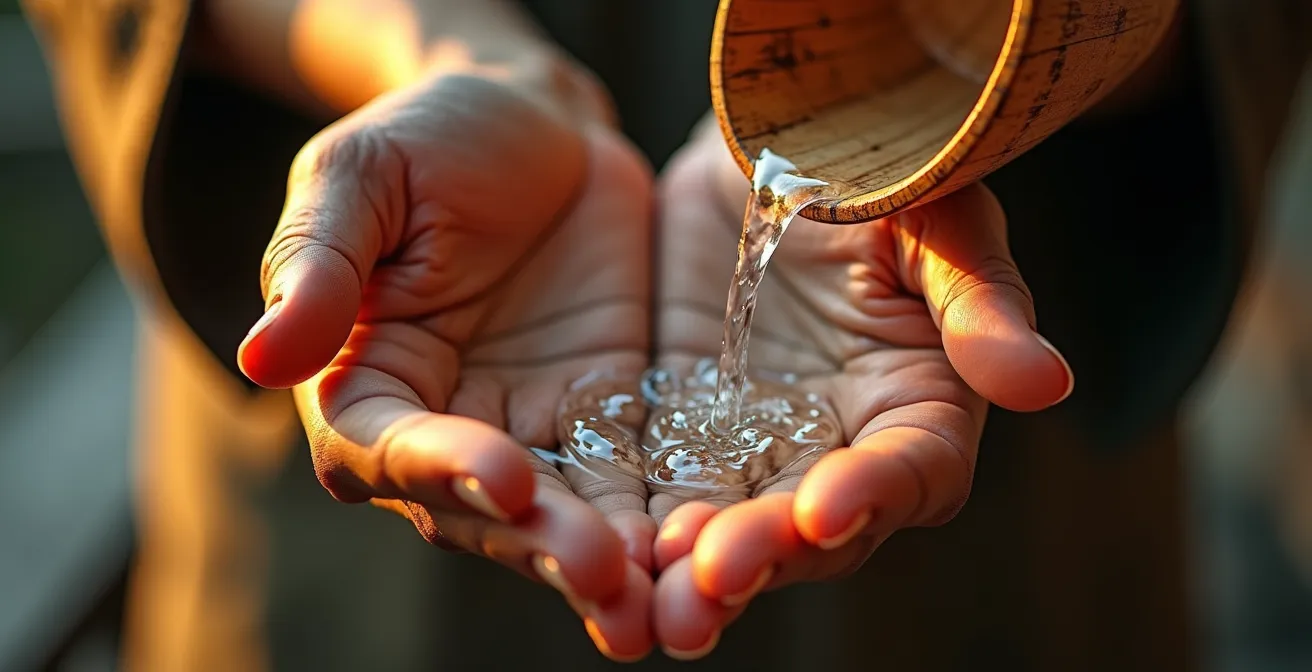 Close-up of hands demonstrating proper water cupping technique at chozuya