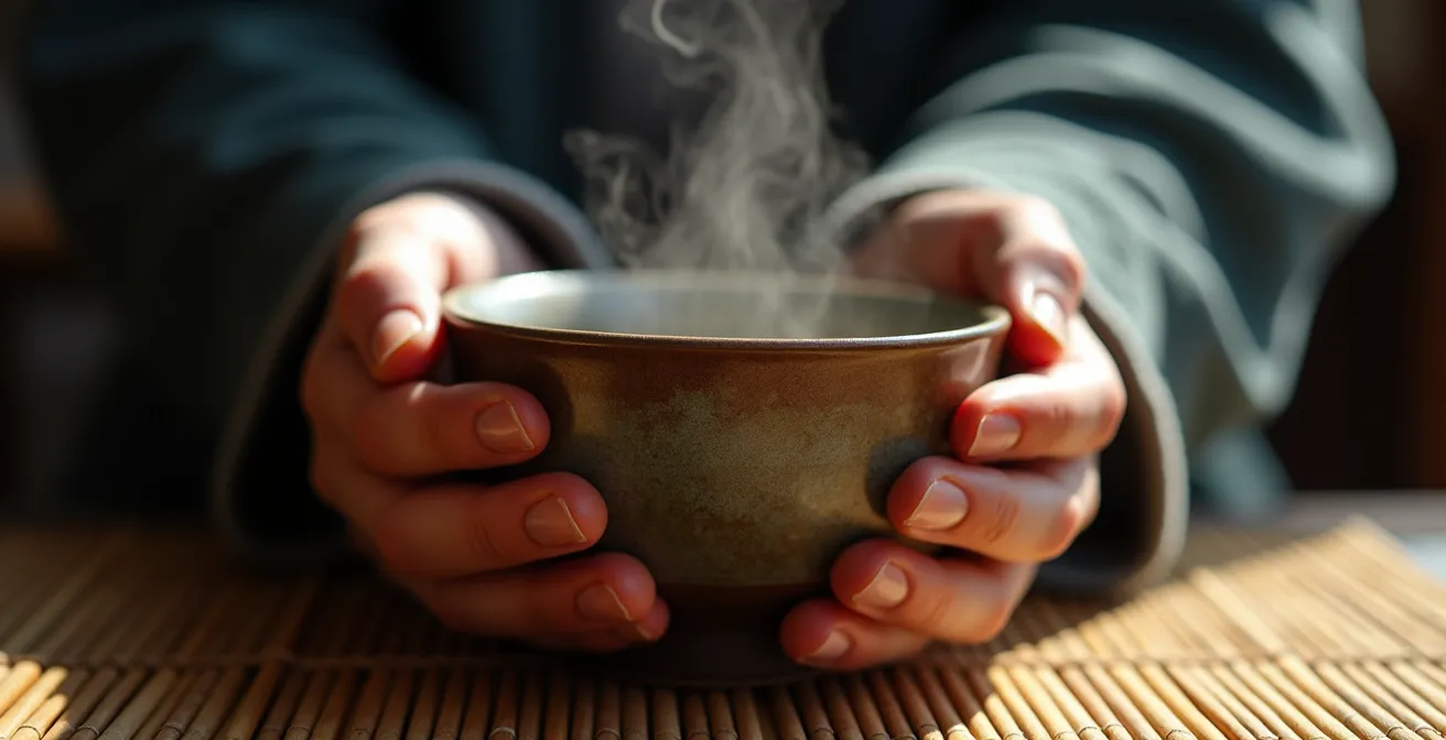 Close-up of hands holding a traditional tea bowl with proper positioning during ceremony