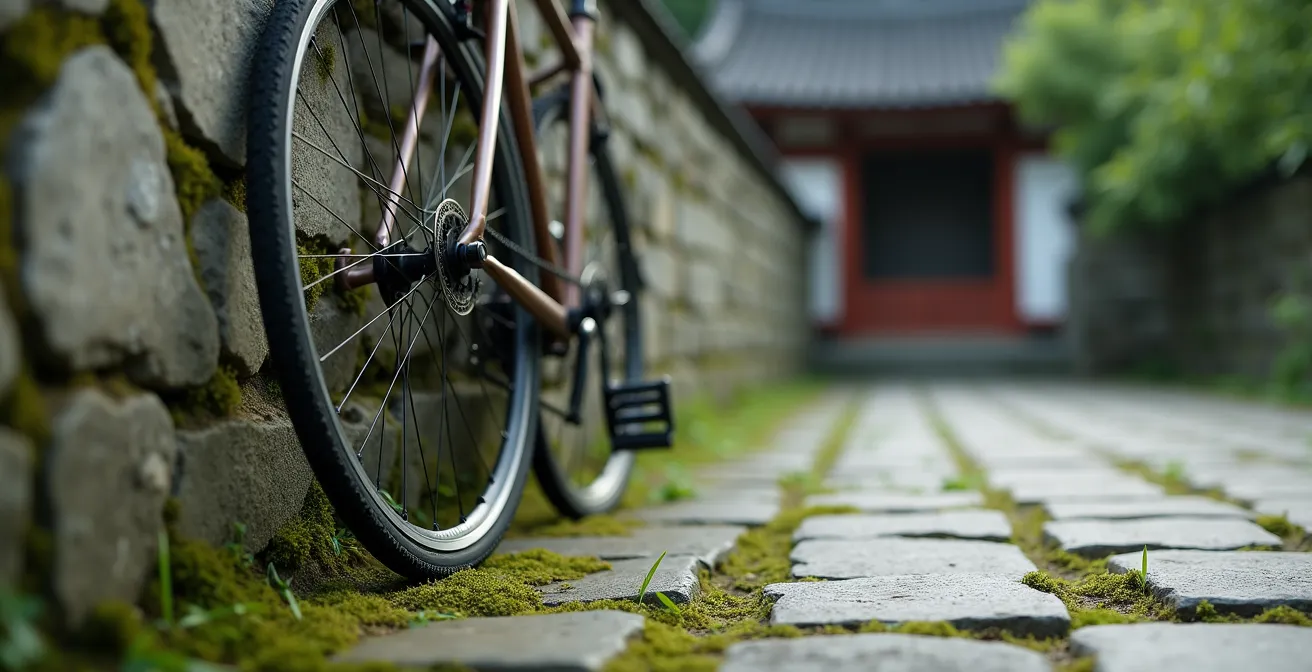 Bicycle leaning against stone wall of quiet temple garden