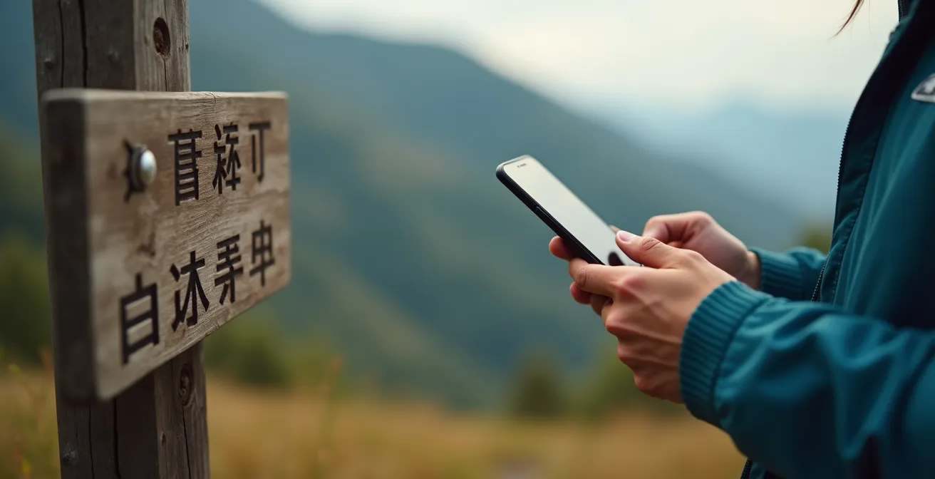 Hiker using smartphone translation app to read Japanese trail sign at mountain junction