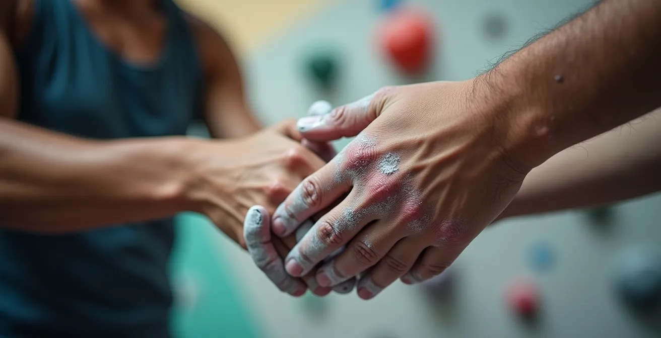 Close-up of hands exchanging climbing chalk at a Japanese bouldering gym, a moment of shared purpose and connection.