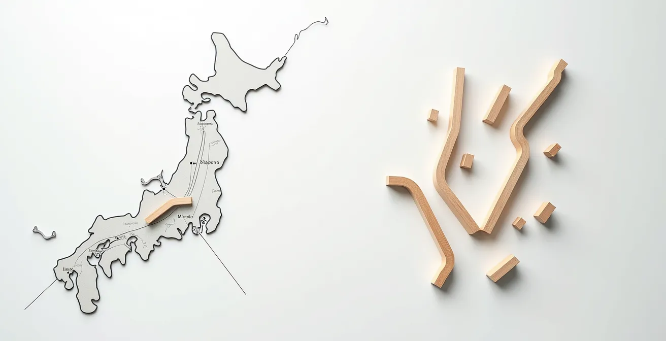 Visual comparison of two travel strategies on a map of Japan