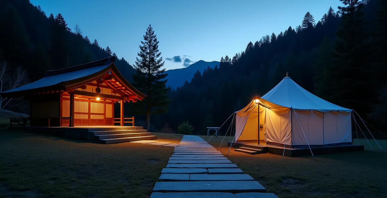 A traditional temple building at dusk with a small tent discreetly placed in a designated area nearby.