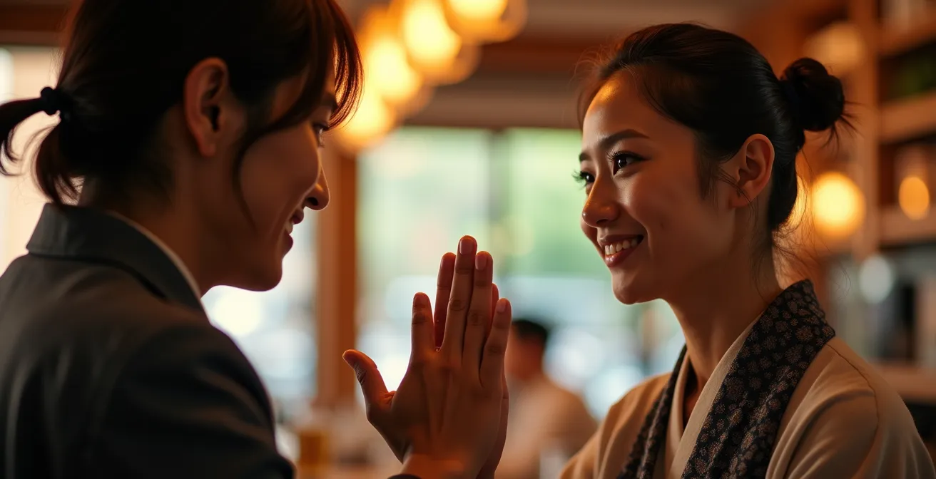 Intimate portrait of customer making polite eye contact with izakaya staff at counter