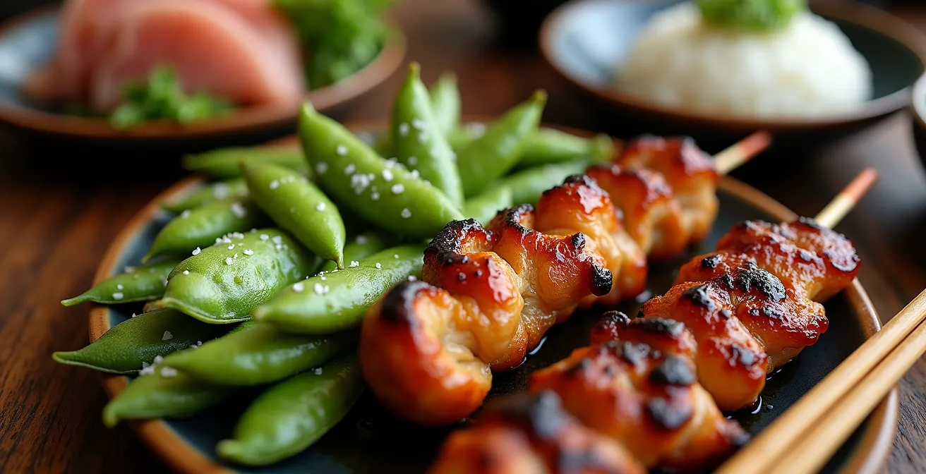 Macro shot of varied izakaya dishes showing the progression from light to heavy items