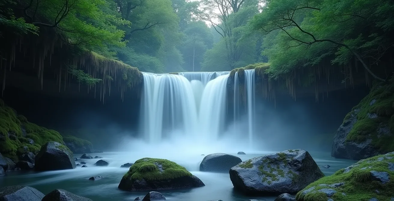 Artistic representation of Izanagi's mythological purification in nature