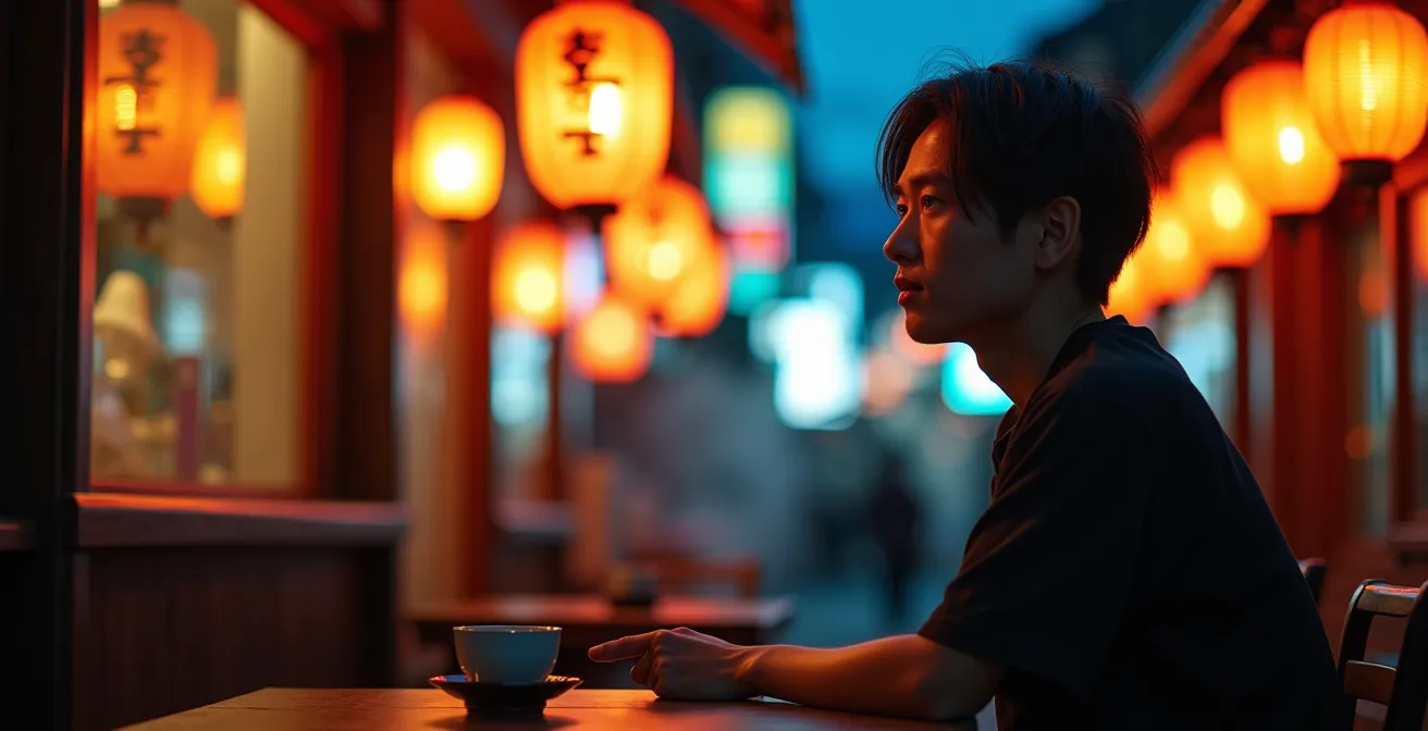 Atmospheric evening scene in a traditional Japanese alley with warm lantern light