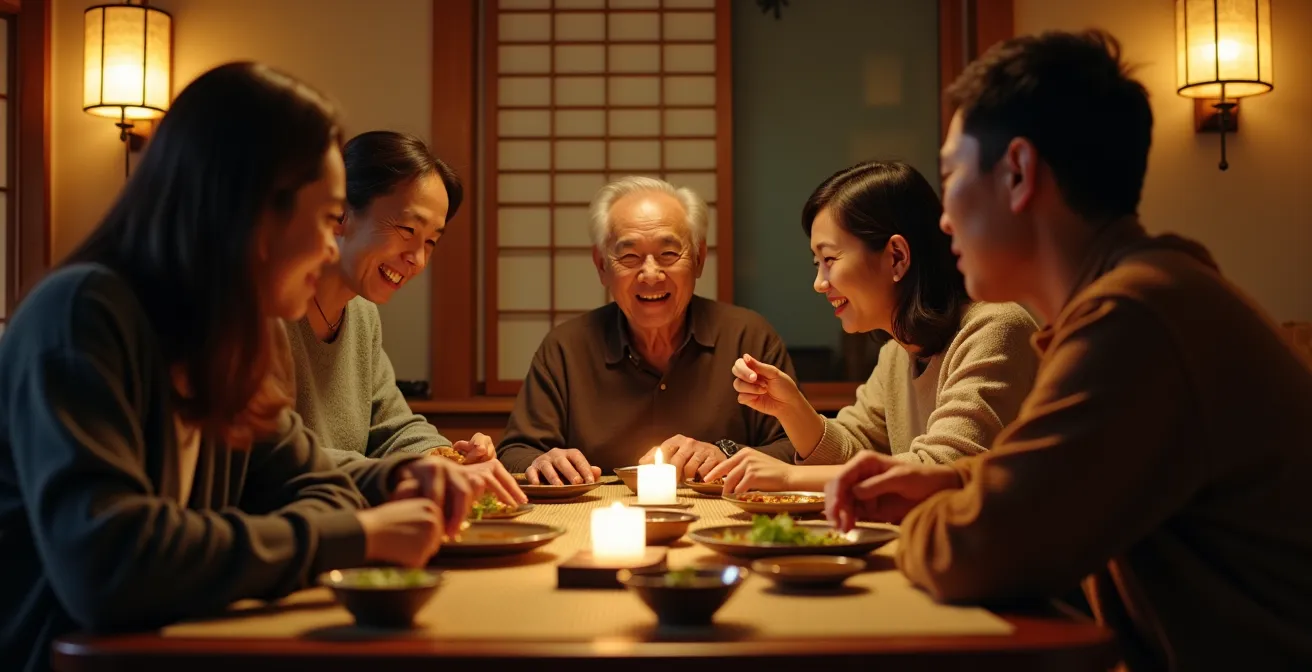Warm evening scene of travelers and Japanese family sharing meal in traditional farmhouse