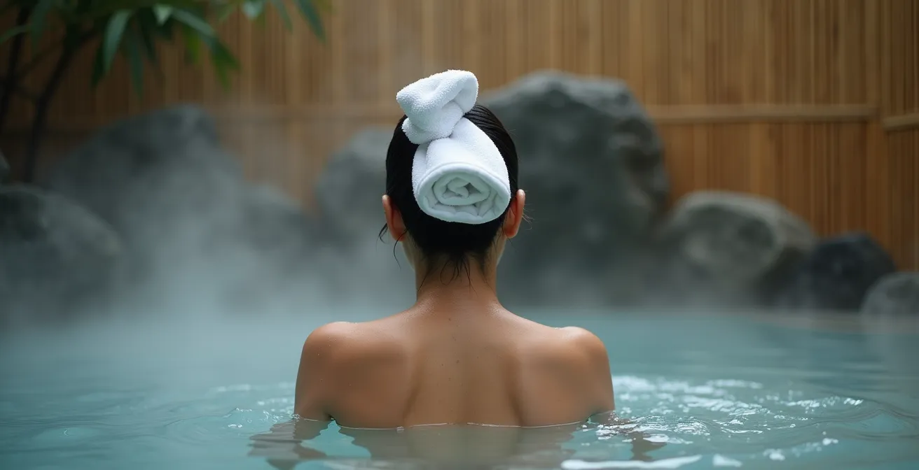 Person demonstrating proper towel placement on head while bathing in outdoor hot spring