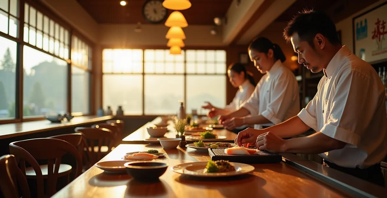 A calm Japanese restaurant interior before the lunch rush, with a chef peacefully preparing food.