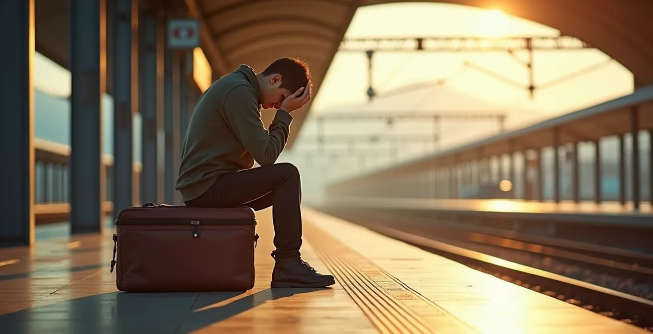 Tired traveler sitting on luggage at empty train platform during golden hour