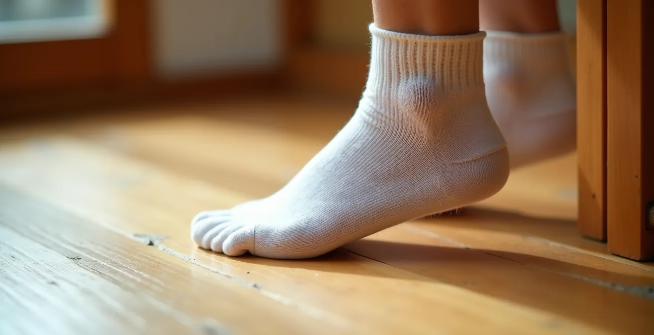 Close-up of clean socks stepping onto raised wooden floor at genkan