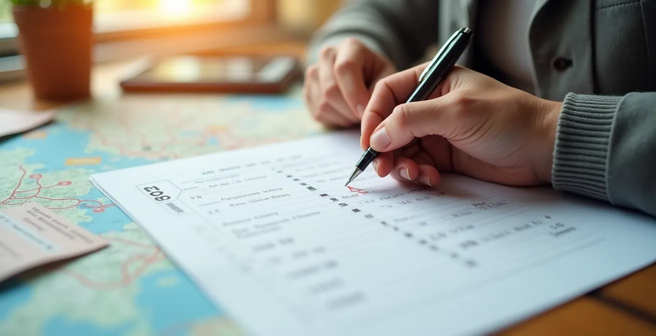 Traveler's hand marking dates on calendar with train tickets and itinerary papers spread on table