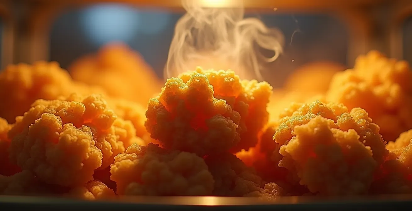 Close-up view of golden fried chicken pieces behind a warming display case