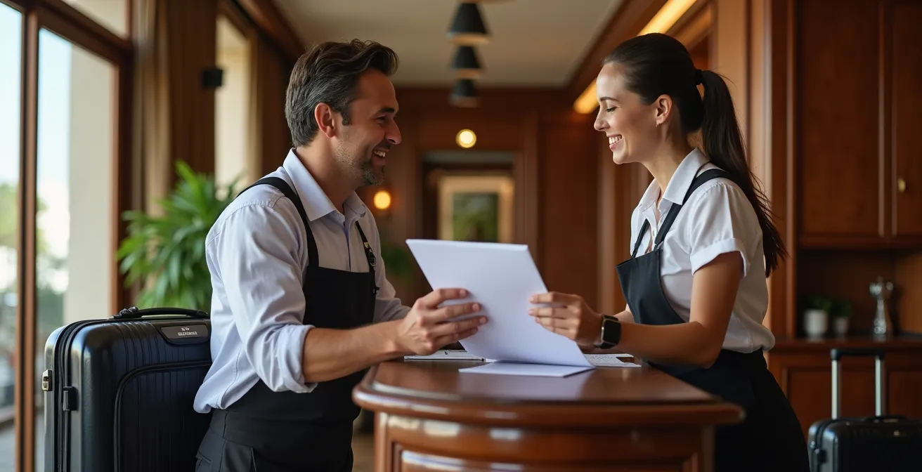 Traveler at hotel reception desk arranging luggage forwarding service with staff