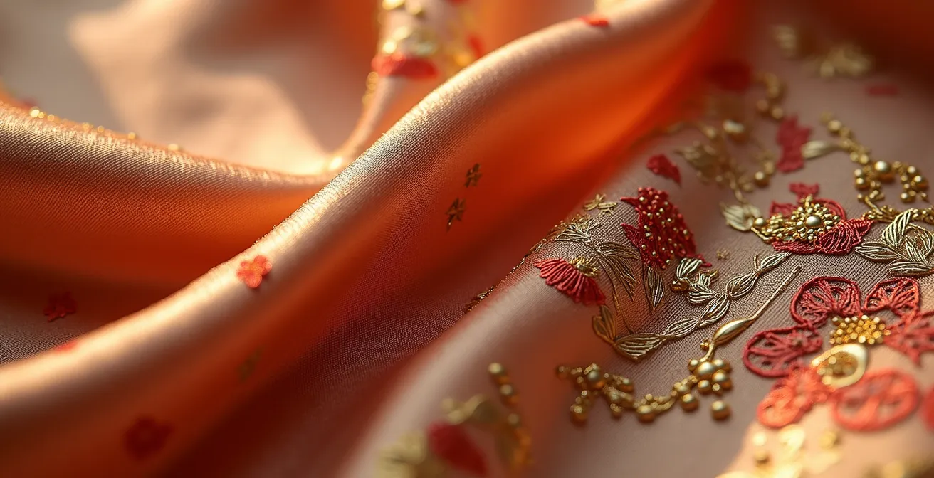 Close-up detail of traditional Japanese silk kimono fabric with intricate embroidery