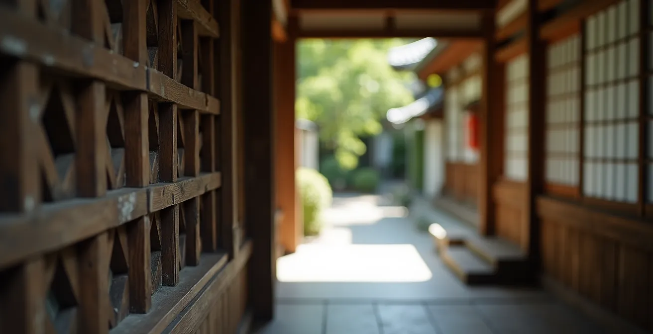 Deep narrow machiya entrance corridor with traditional wooden lattice details