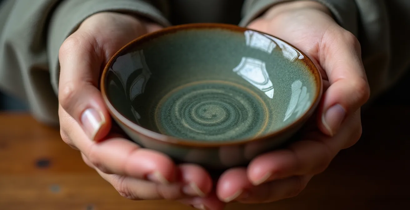 Close-up of hands holding a ceramic tea bowl showing attention to detail