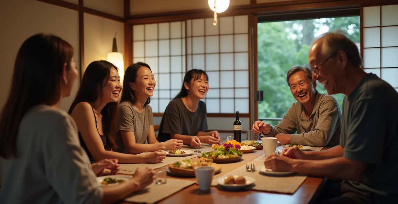 A wide shot of international travelers and a Japanese family sharing a meal around a low traditional table in a cozy minshuku.