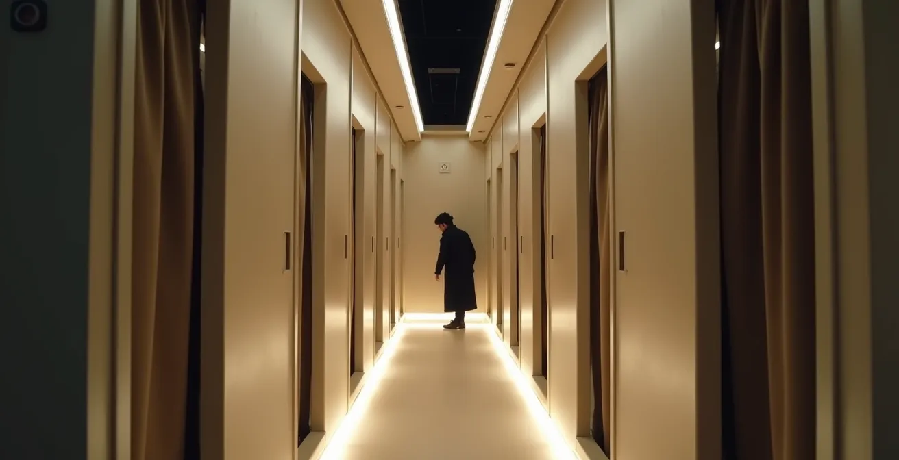 Interior view of modern capsule hotel showing stacked pods with subtle lighting