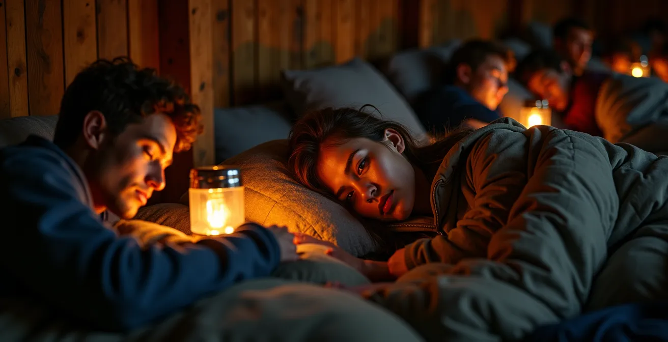 Interior view of Mount Fuji mountain hut showing traditional Japanese sleeping arrangements