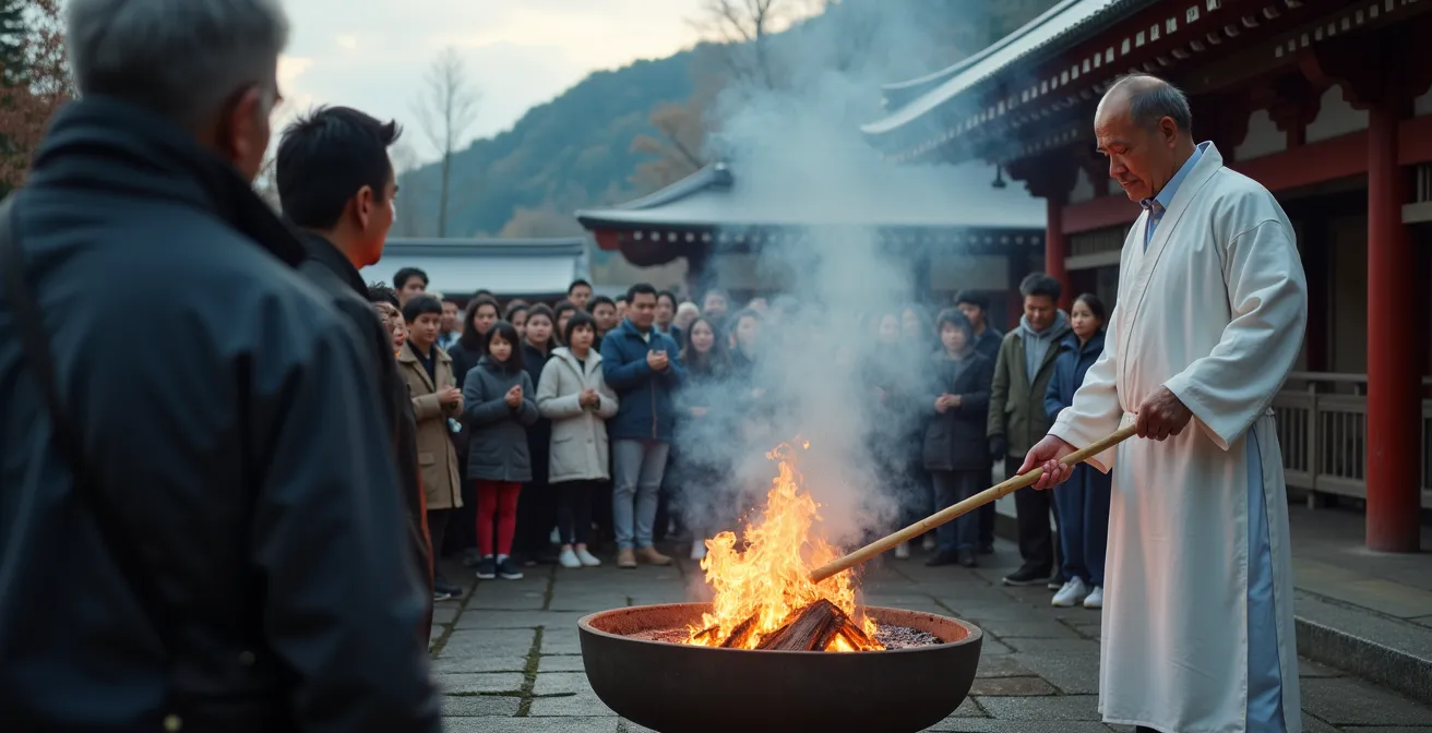 Traditional New Year bonfire festival at a shrine with smoke rising from burning decorations and omamori during the purification ceremony
