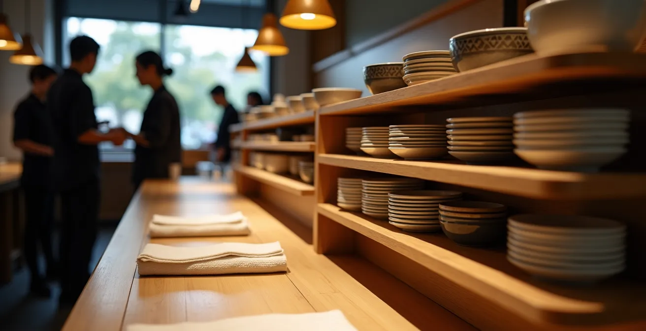 Wide view of a noodle bar's tray return area and counter organization
