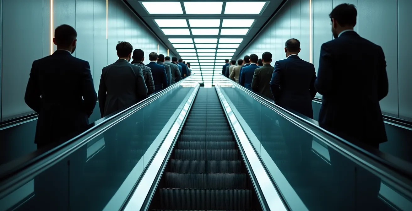 People standing on the right side of an escalator in Osaka demonstrating regional etiquette