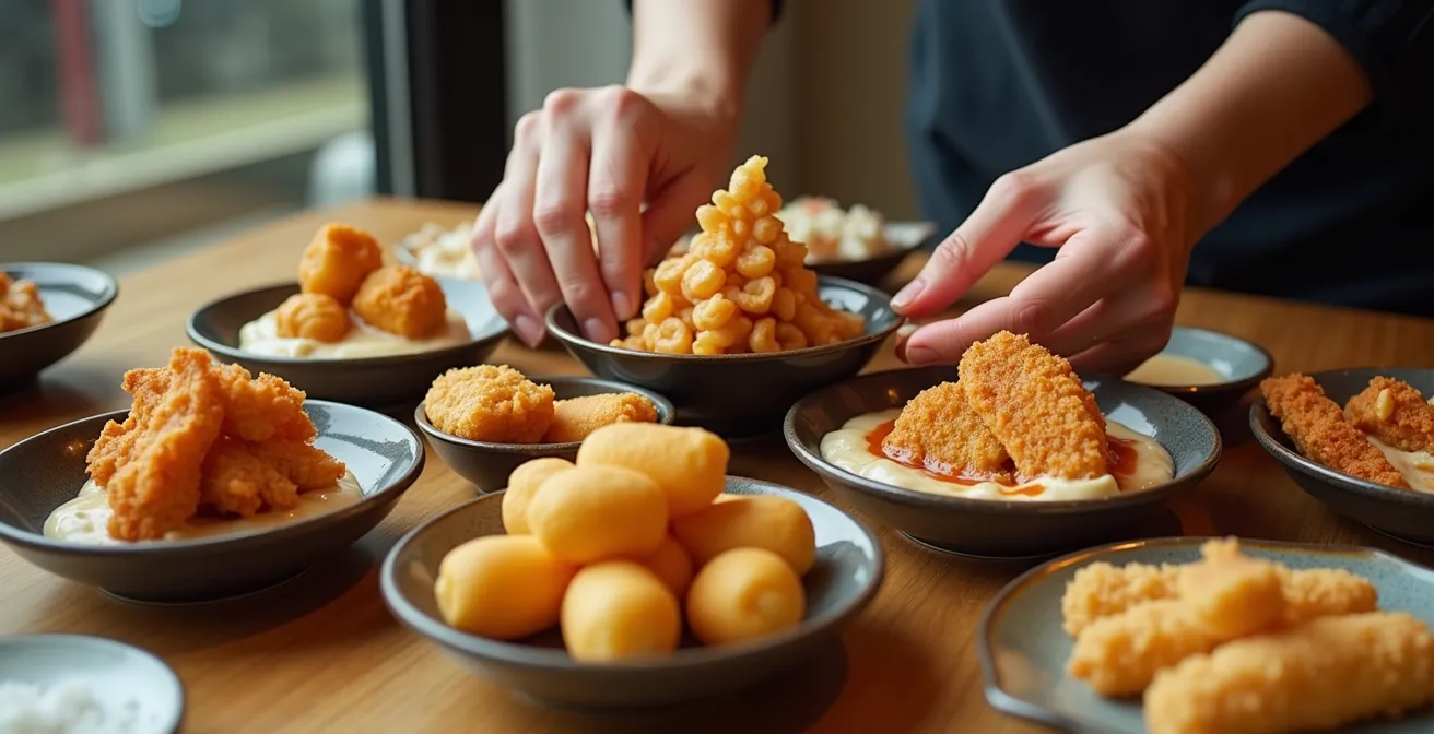 Overhead shot of various Osaka street foods arranged on a table showing the variety of a food crawl