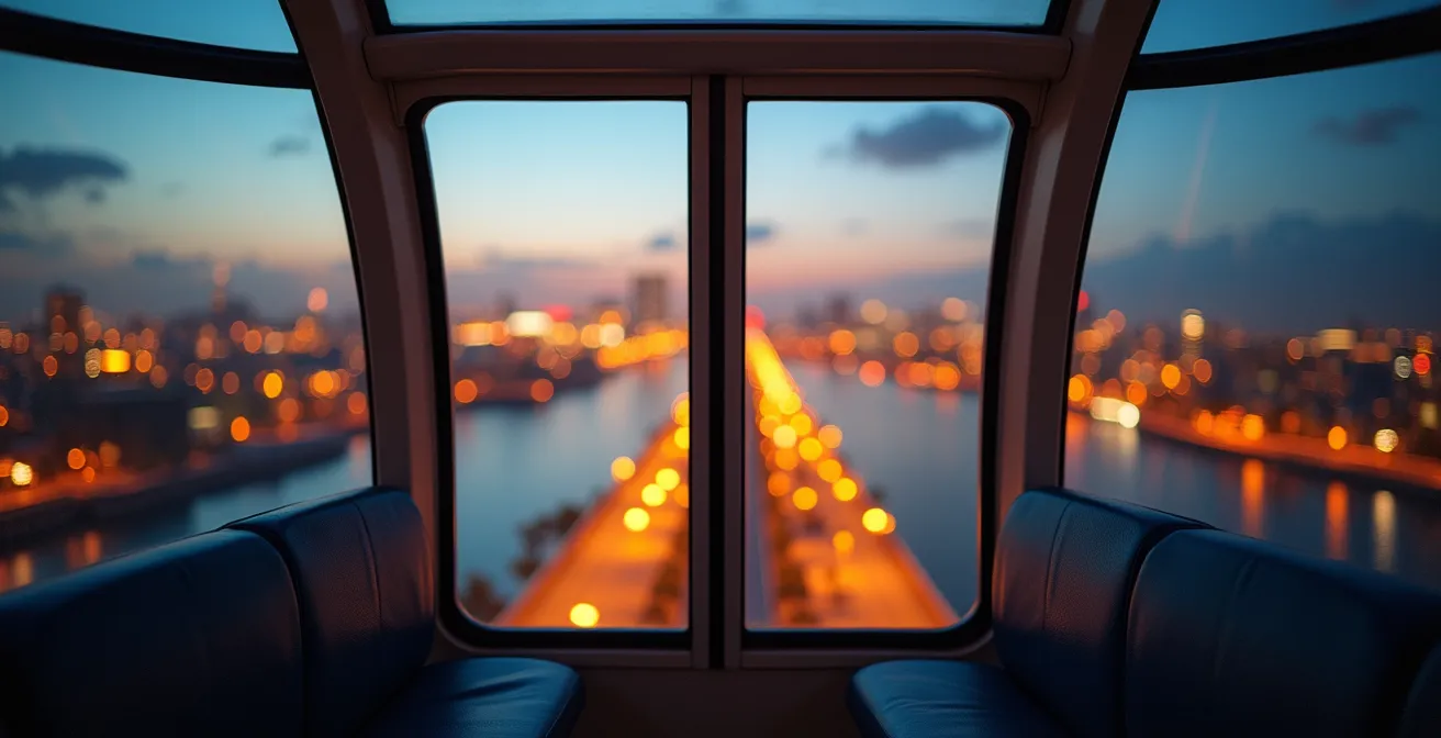 Abstract geometric ferris wheel gondola interior framing city lights through curved glass windows at dusk