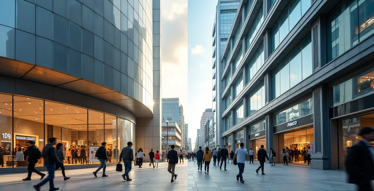 Split composition showing the architectural contrast between Parco and 109 buildings in Shibuya