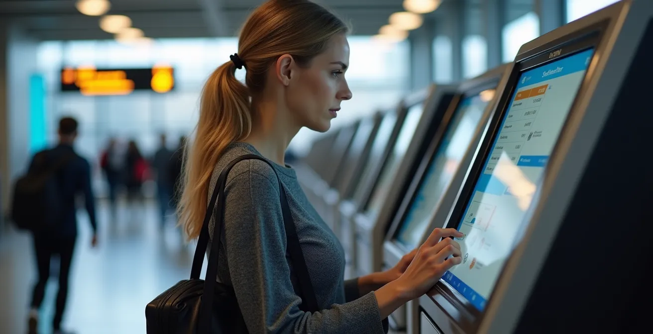 Traveler interacting with Shinkansen ticket machine from side angle