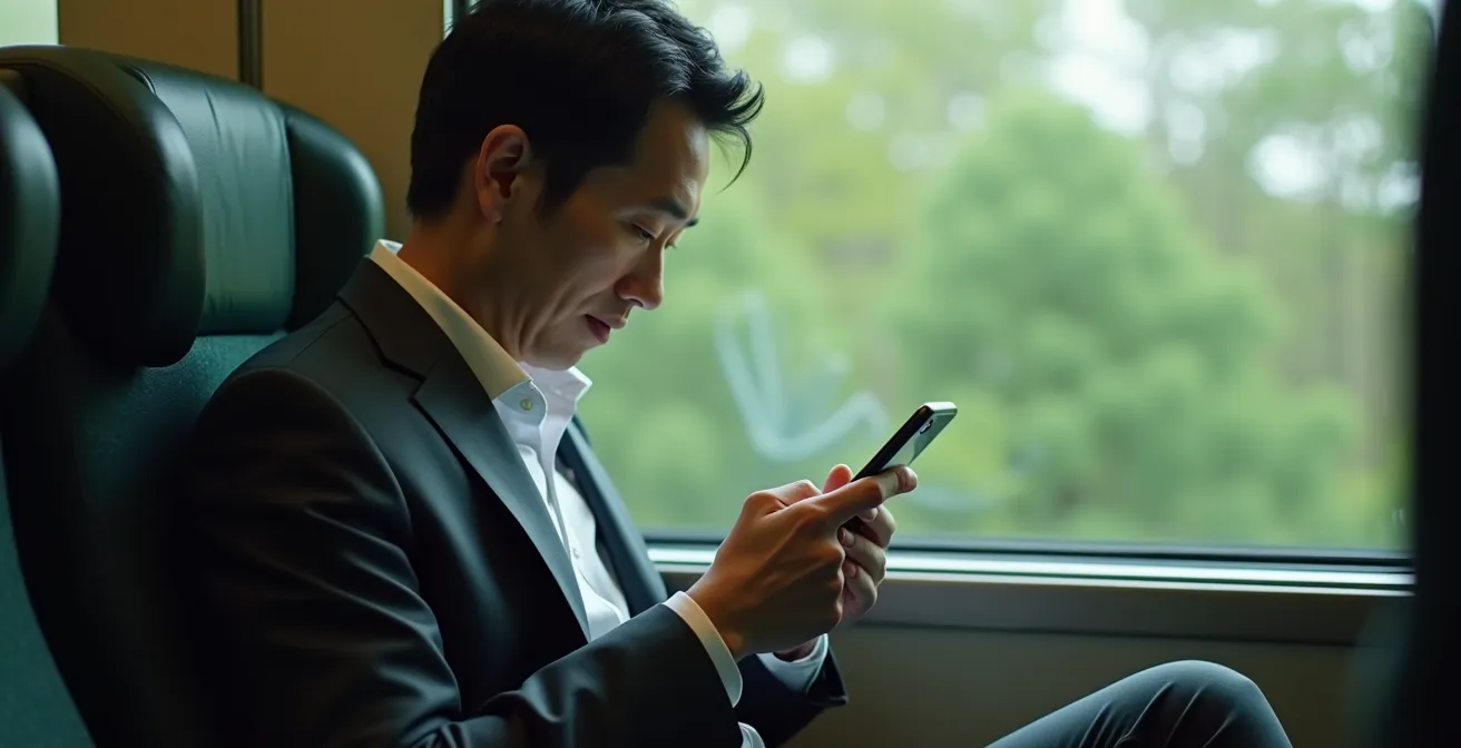 Business traveler discreetly using smartphone in quiet Green Car of Shinkansen