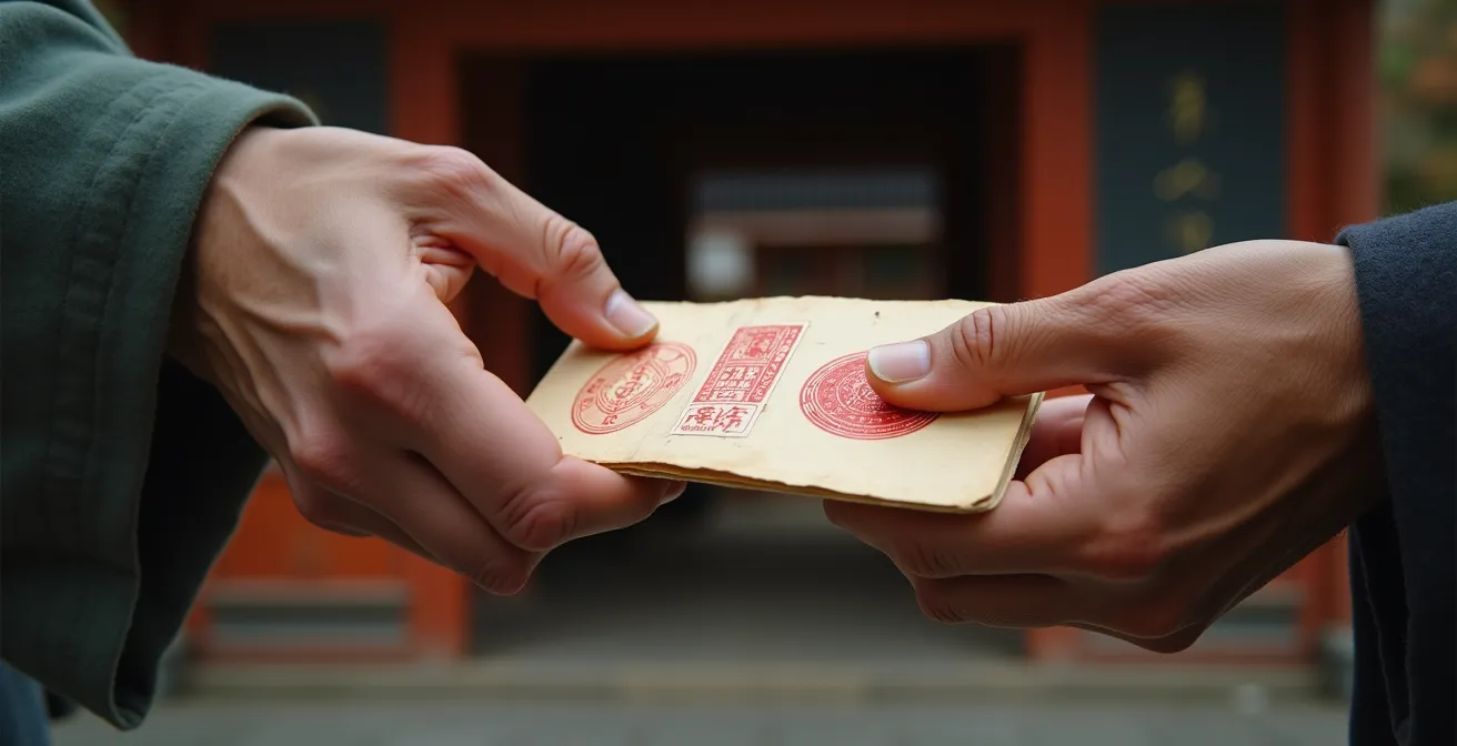 A close-up of weathered hands exchanging a traditional stamp book at a temple entrance.