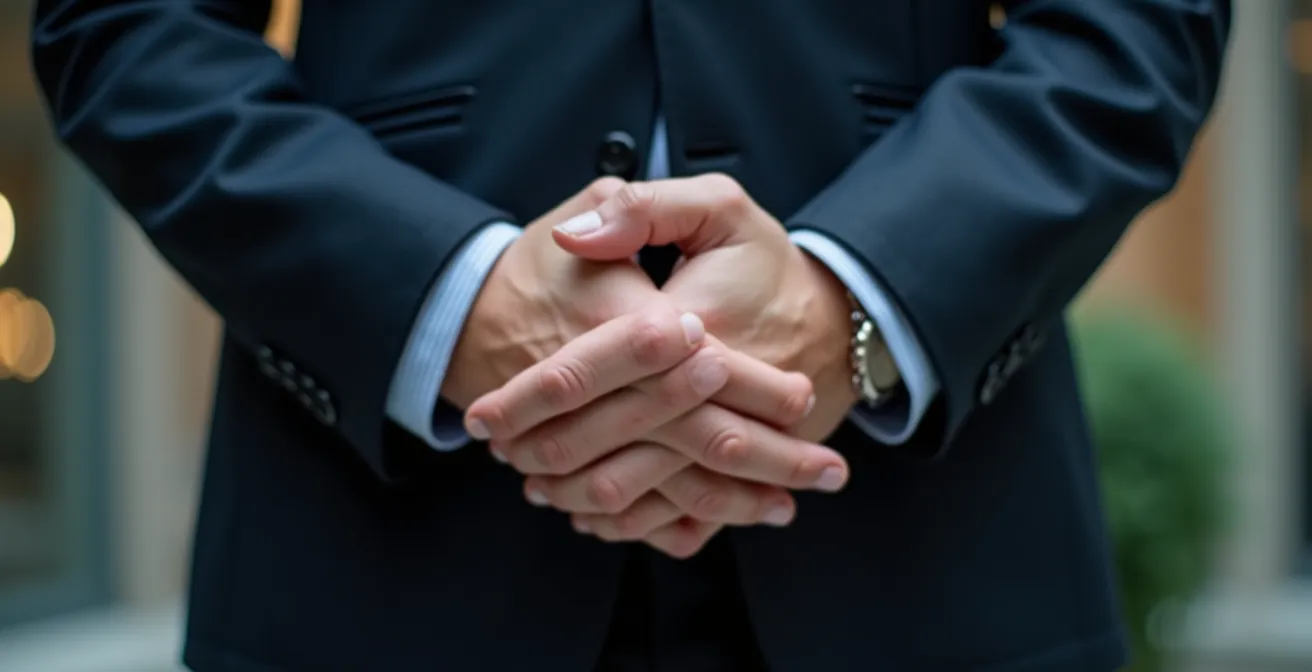 Close-up demonstration of correct hand positioning during a formal bow