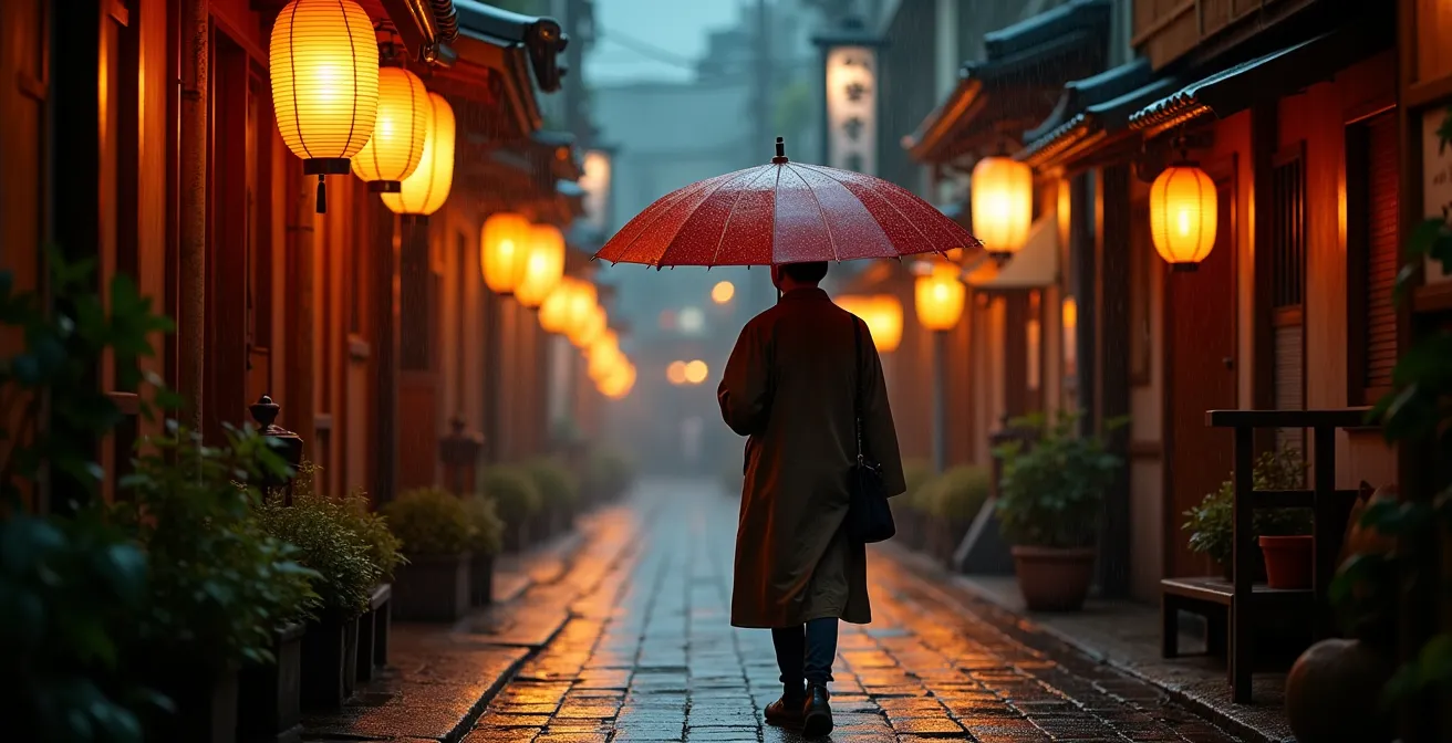 Atmospheric Japanese alley during rainfall with lanterns glowing